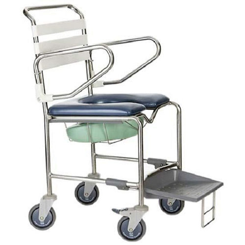 Attendant Propelled Shower Commode - Rear Swivel Castors Featuring swing-up arms & retractable footplate - Australian Assistive Technology Centre