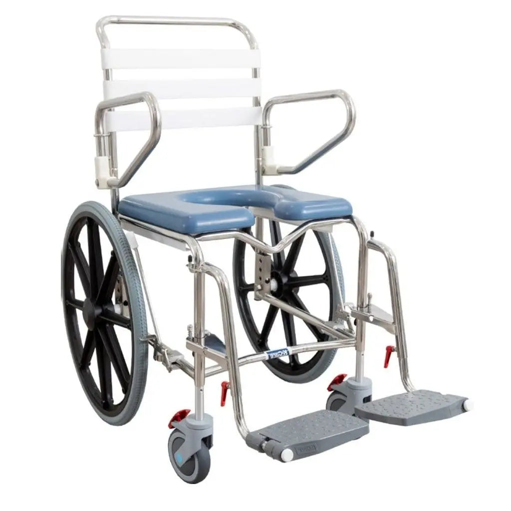 KCare Height Adjustable Self Propelled Shower Commode with Swing-Up Arms Swingaway Footrest 445mm - Australian Assistive Technology Centre
