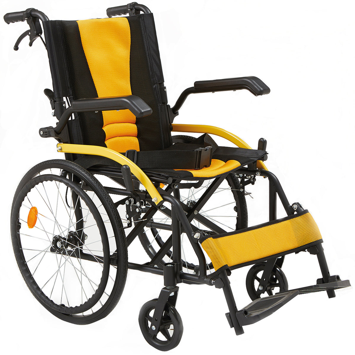 Yellow Manual Wheelchair with Brakes and Power Suspension