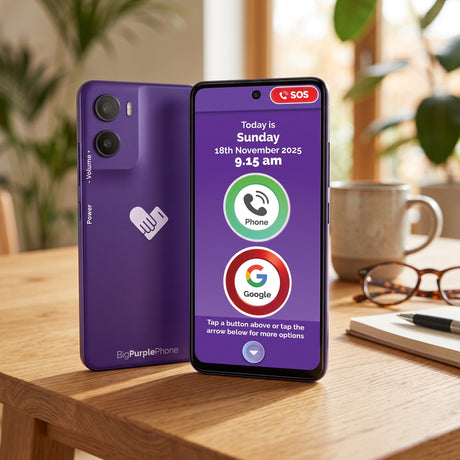 Big Purple Phone SilverFox senior smartphone front screen