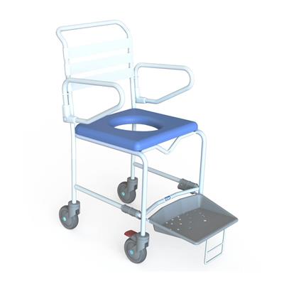 Attendant Propelled Shower Commode - Rear Swivel Castors Featuring swing-up arms & retractable footplate - Australian Assistive Technology Centre