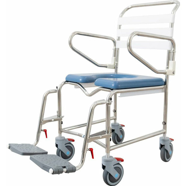 KCare Height Adjustable Attendant Propelled Shower Commode with Swing-Up Arms and Swingaway Footrest - 445mm