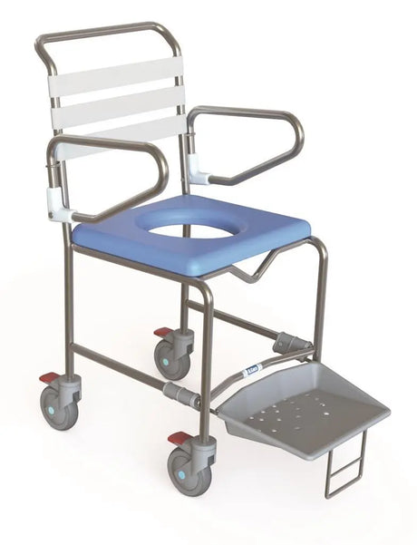 KCare Attendant Propelled Shower Commode Swing-Up Arms Non-Weight Bearing Sliding Footrest 445mm - Australian Assistive Technology Centre