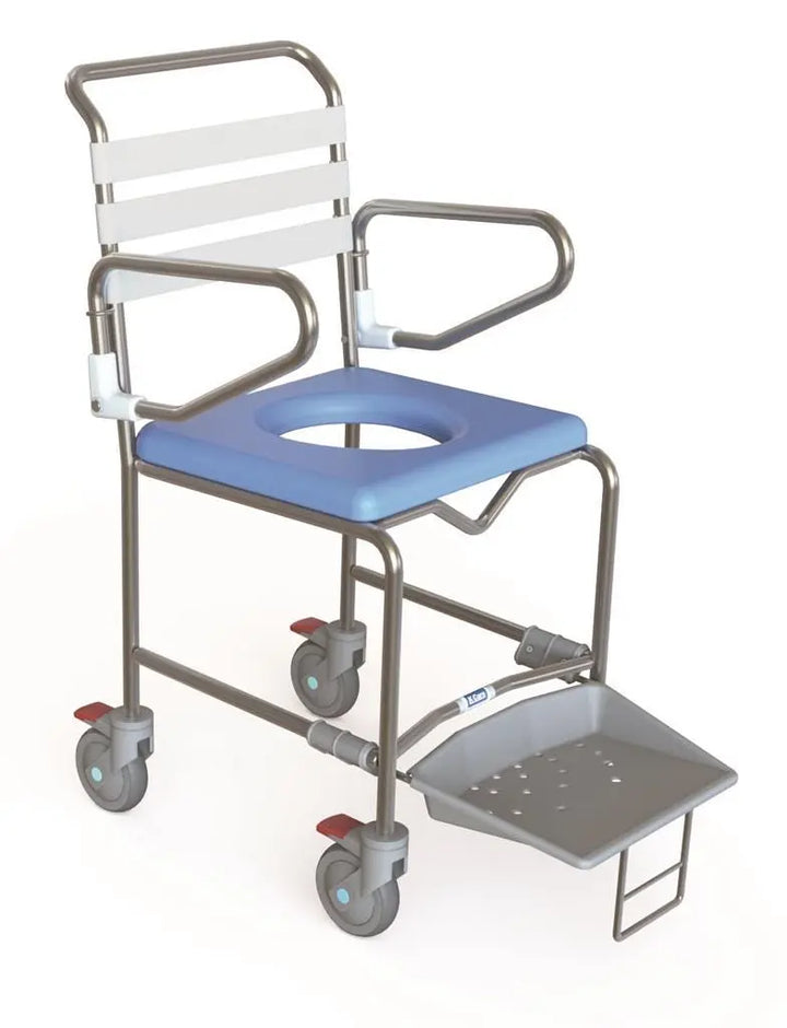 KCare Attendant Propelled Shower Commode Swing-Up Arms Non-Weight Bearing Sliding Footrest 445mm