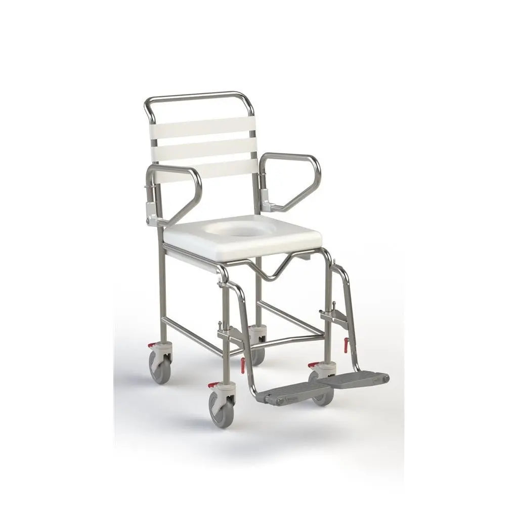 KCare Attendant Propelled Shower Commode with Swing-Up Arms and Swingaway Footrest 400mm - Australian Assistive Technology Centre