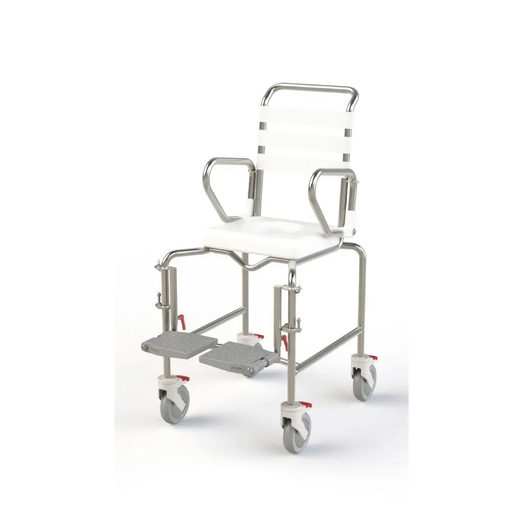 KCare Attendant Propelled Shower Commode with Swing-Up Arms and Swingaway Footrest 320mm - Australian Assistive Technology Centre