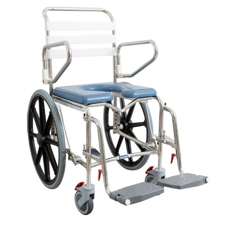 KCare Height Adjustable Self Propelled Shower Commode with Swing-Up Arms Swingaway Footrest 445mm - Australian Assistive Technology Centre