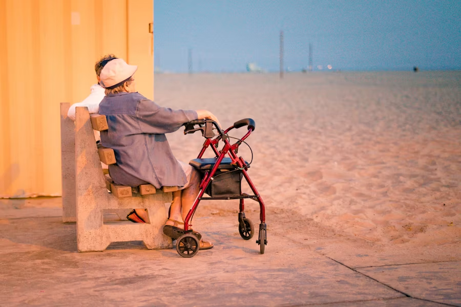 A person with a rollator overlooking the beach