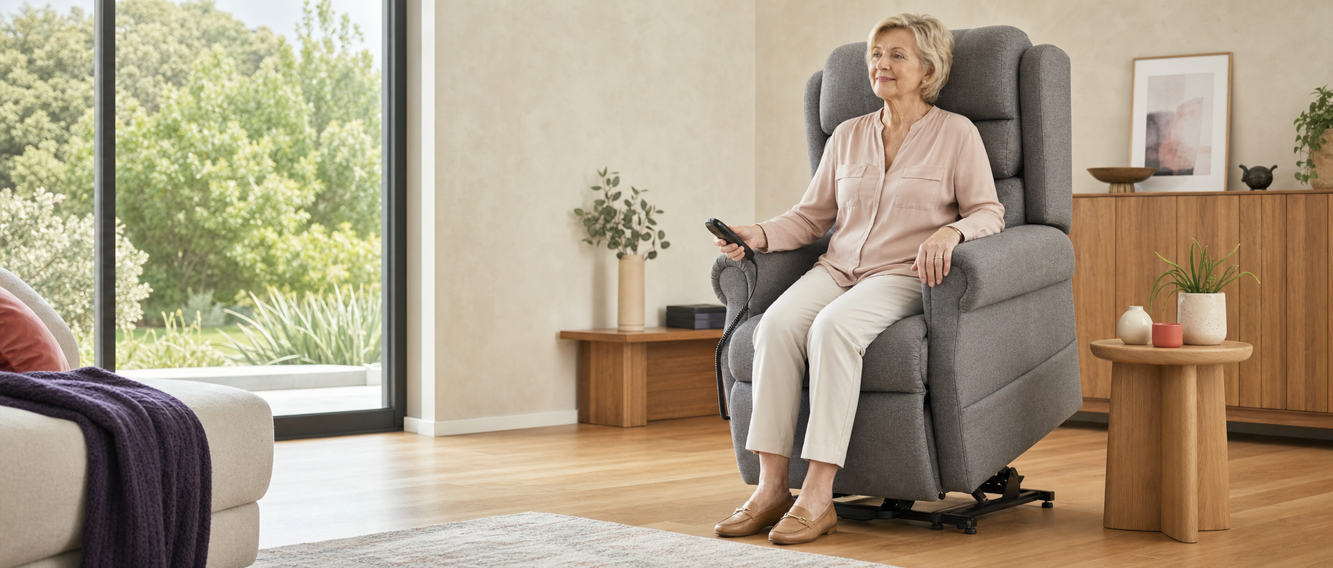 A woman relaxing in a lift recliner at home